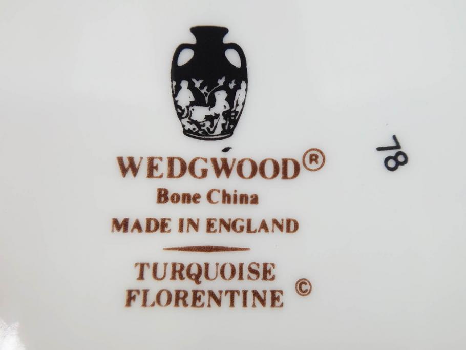 イギリス　WEDGWOOD(ウェッジウッド)　FLORENTINE TURQUOISE(フロレンティーン ターコイズ)　重厚感ある佇まいのコーヒーカップ&ソーサー4客セット(グロテスク文様、フルーツ、果物、C&S、洋食器、英国)(R-081216)