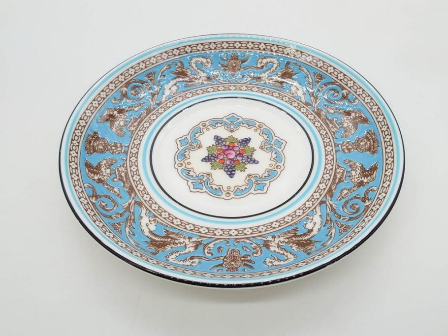 イギリス　WEDGWOOD(ウェッジウッド)　FLORENTINE TURQUOISE(フロレンティーン ターコイズ)　重厚感ある佇まいのコーヒーカップ&ソーサー4客セット(グロテスク文様、フルーツ、果物、C&S、洋食器、英国)(R-081216)