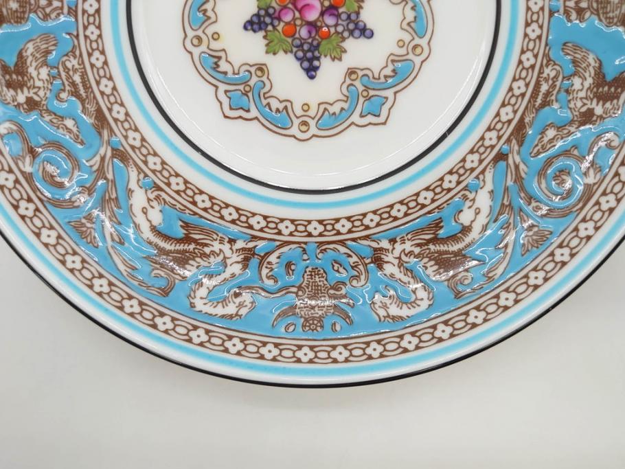 イギリス　WEDGWOOD(ウェッジウッド)　FLORENTINE TURQUOISE(フロレンティーン ターコイズ)　重厚感ある佇まいのコーヒーカップ&ソーサー4客セット(グロテスク文様、フルーツ、果物、C&S、洋食器、英国)(R-081216)