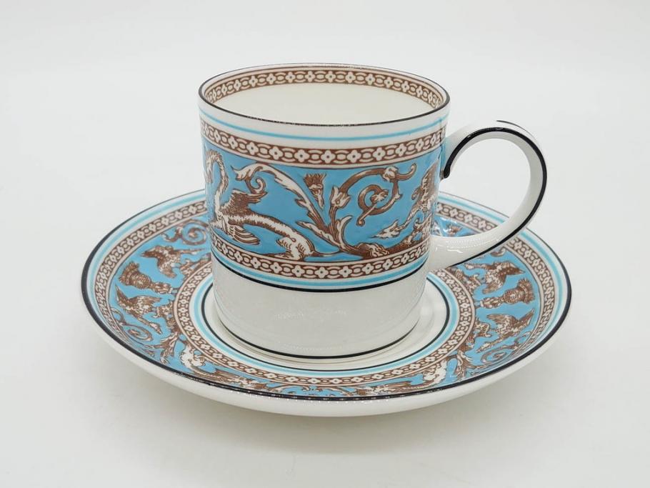 イギリス　WEDGWOOD(ウェッジウッド)　FLORENTINE TURQUOISE(フロレンティーン ターコイズ)　重厚感ある佇まいのコーヒーカップ&ソーサー4客セット(グロテスク文様、フルーツ、果物、C&S、洋食器、英国)(R-081216)