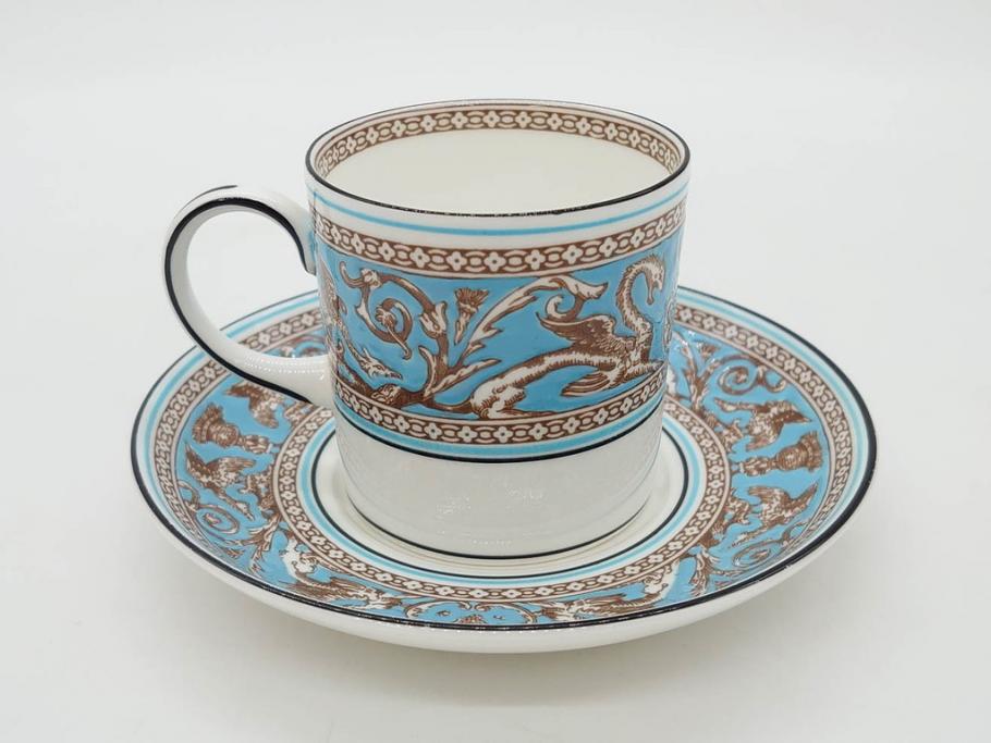 イギリス　WEDGWOOD(ウェッジウッド)　FLORENTINE TURQUOISE(フロレンティーン ターコイズ)　重厚感ある佇まいのコーヒーカップ&ソーサー4客セット(グロテスク文様、フルーツ、果物、C&S、洋食器、英国)(R-081216)