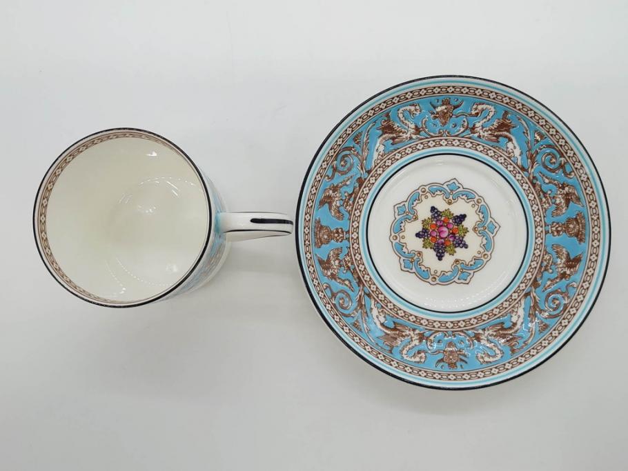 イギリス　WEDGWOOD(ウェッジウッド)　FLORENTINE TURQUOISE(フロレンティーン ターコイズ)　重厚感ある佇まいのコーヒーカップ&ソーサー4客セット(グロテスク文様、フルーツ、果物、C&S、洋食器、英国)(R-081216)
