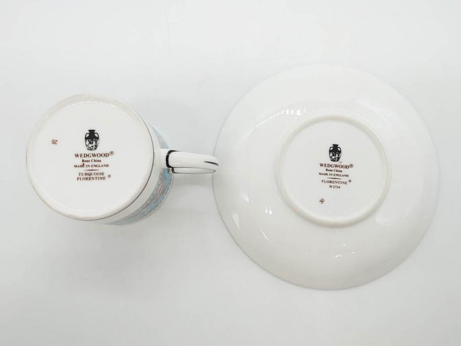 イギリス　WEDGWOOD(ウェッジウッド)　FLORENTINE TURQUOISE(フロレンティーン ターコイズ)　重厚感ある佇まいのコーヒーカップ&ソーサー4客セット(グロテスク文様、フルーツ、果物、C&S、洋食器、英国)(R-081216)