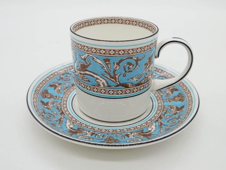 イギリス　WEDGWOOD(ウェッジウッド)　FLORENTINE TURQUOISE(フロレンティーン ターコイズ)　重厚感ある佇まいのコーヒーカップ&ソーサー4客セット(グロテスク文様、フルーツ、果物、C&S、洋食器、英国)(R-081216)