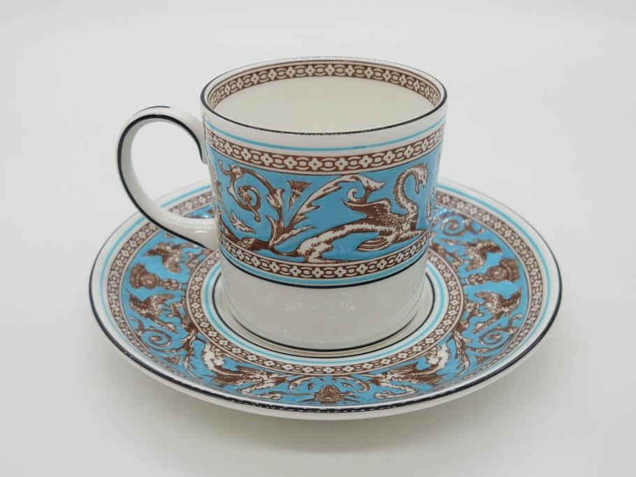 イギリス　WEDGWOOD(ウェッジウッド)　FLORENTINE TURQUOISE(フロレンティーン ターコイズ)　重厚感ある佇まいのコーヒーカップ&ソーサー4客セット(グロテスク文様、フルーツ、果物、C&S、洋食器、英国)(R-081216)