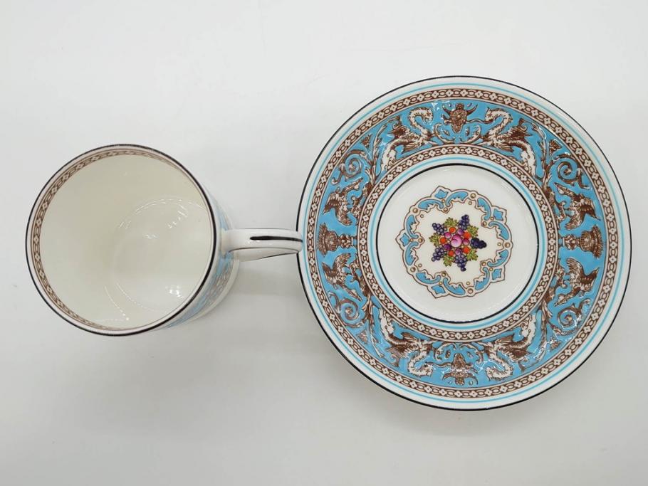 イギリス　WEDGWOOD(ウェッジウッド)　FLORENTINE TURQUOISE(フロレンティーン ターコイズ)　重厚感ある佇まいのコーヒーカップ&ソーサー4客セット(グロテスク文様、フルーツ、果物、C&S、洋食器、英国)(R-081216)