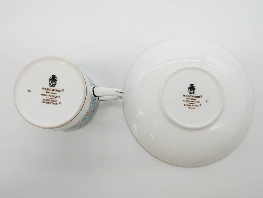 イギリス　WEDGWOOD(ウェッジウッド)　FLORENTINE TURQUOISE(フロレンティーン ターコイズ)　重厚感ある佇まいのコーヒーカップ&ソーサー4客セット(グロテスク文様、フルーツ、果物、C&S、洋食器、英国)(R-081216)