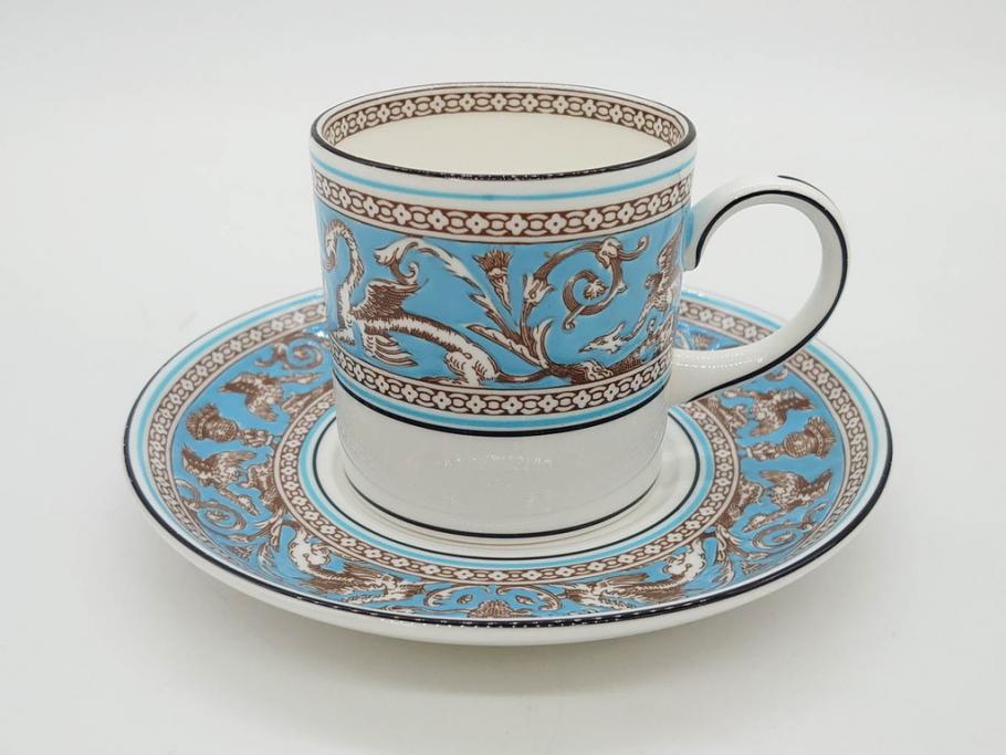 イギリス　WEDGWOOD(ウェッジウッド)　FLORENTINE TURQUOISE(フロレンティーン ターコイズ)　重厚感ある佇まいのコーヒーカップ&ソーサー4客セット(グロテスク文様、フルーツ、果物、C&S、洋食器、英国)(R-081216)