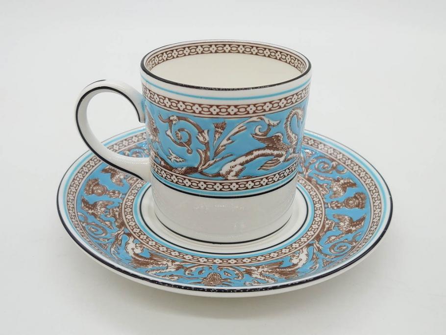イギリス　WEDGWOOD(ウェッジウッド)　FLORENTINE TURQUOISE(フロレンティーン ターコイズ)　重厚感ある佇まいのコーヒーカップ&ソーサー4客セット(グロテスク文様、フルーツ、果物、C&S、洋食器、英国)(R-081216)