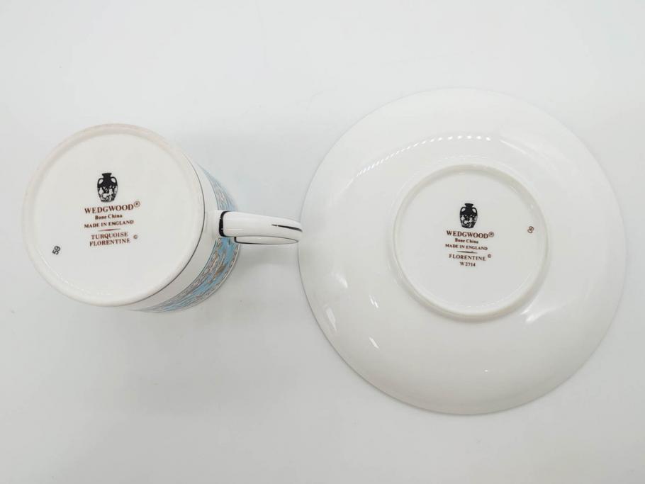 イギリス　WEDGWOOD(ウェッジウッド)　FLORENTINE TURQUOISE(フロレンティーン ターコイズ)　重厚感ある佇まいのコーヒーカップ&ソーサー4客セット(グロテスク文様、フルーツ、果物、C&S、洋食器、英国)(R-081216)