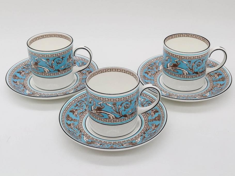 イギリス　WEDGWOOD(ウェッジウッド)　FLORENTINE TURQUOISE(フロレンティーン ターコイズ)　優雅な時間を演出するコーヒーカップ&ソーサー3客セット(グロテスク文様、フルーツ、果物、洋食器、英国)(R-081217)