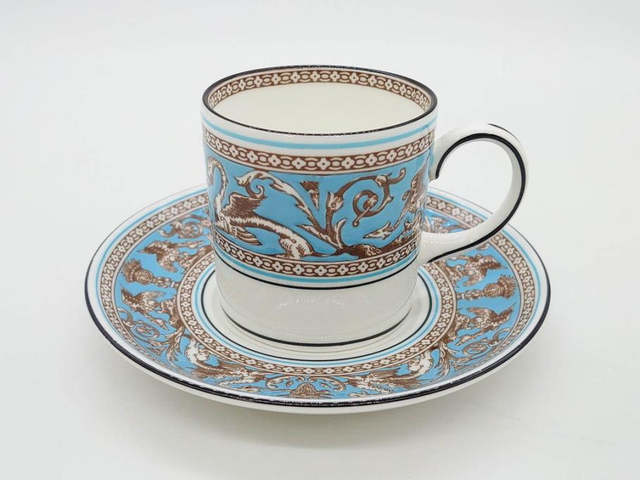 イギリス　WEDGWOOD(ウェッジウッド)　FLORENTINE TURQUOISE(フロレンティーン ターコイズ)　優雅な時間を演出するコーヒーカップ&ソーサー3客セット(グロテスク文様、フルーツ、果物、洋食器、英国)(R-081217)
