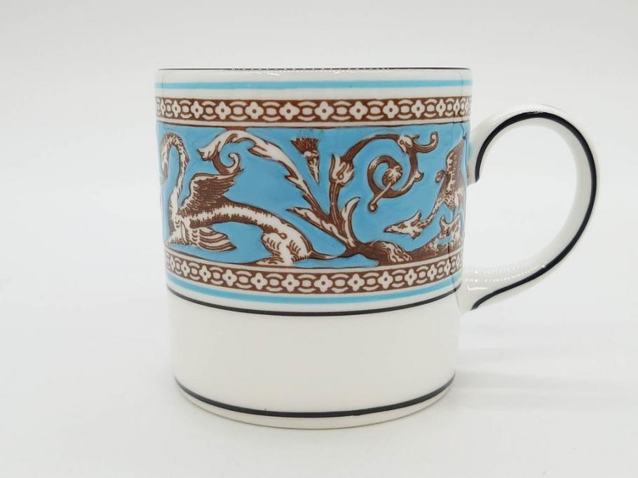 イギリス　WEDGWOOD(ウェッジウッド)　FLORENTINE TURQUOISE(フロレンティーン ターコイズ)　優雅な時間を演出するコーヒーカップ&ソーサー3客セット(グロテスク文様、フルーツ、果物、洋食器、英国)(R-081217)
