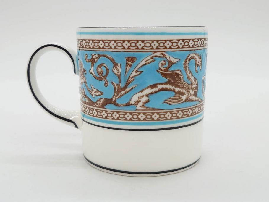 イギリス　WEDGWOOD(ウェッジウッド)　FLORENTINE TURQUOISE(フロレンティーン ターコイズ)　優雅な時間を演出するコーヒーカップ&ソーサー3客セット(グロテスク文様、フルーツ、果物、洋食器、英国)(R-081217)