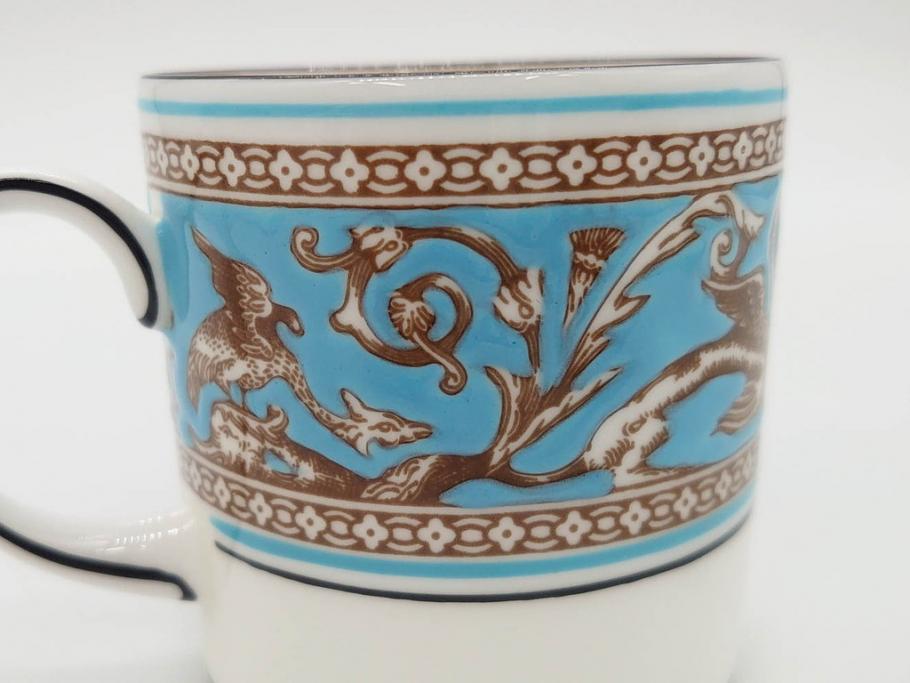 イギリス　WEDGWOOD(ウェッジウッド)　FLORENTINE TURQUOISE(フロレンティーン ターコイズ)　優雅な時間を演出するコーヒーカップ&ソーサー3客セット(グロテスク文様、フルーツ、果物、洋食器、英国)(R-081217)