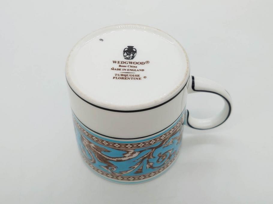 イギリス　WEDGWOOD(ウェッジウッド)　FLORENTINE TURQUOISE(フロレンティーン ターコイズ)　優雅な時間を演出するコーヒーカップ&ソーサー3客セット(グロテスク文様、フルーツ、果物、洋食器、英国)(R-081217)