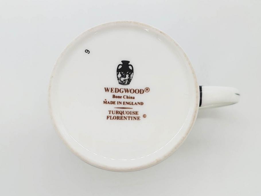 イギリス　WEDGWOOD(ウェッジウッド)　FLORENTINE TURQUOISE(フロレンティーン ターコイズ)　優雅な時間を演出するコーヒーカップ&ソーサー3客セット(グロテスク文様、フルーツ、果物、洋食器、英国)(R-081217)