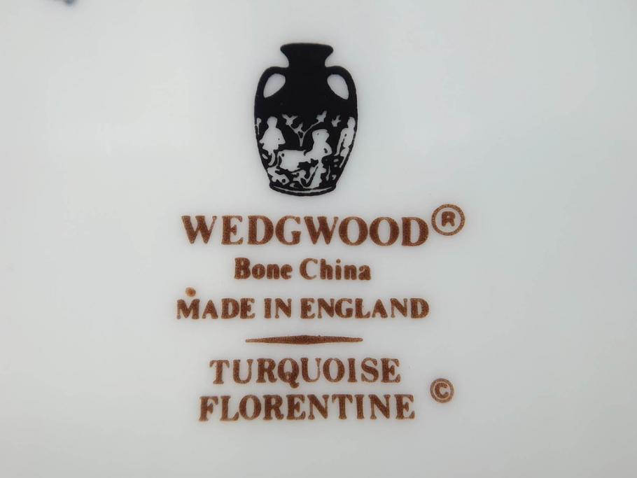 イギリス　WEDGWOOD(ウェッジウッド)　FLORENTINE TURQUOISE(フロレンティーン ターコイズ)　優雅な時間を演出するコーヒーカップ&ソーサー3客セット(グロテスク文様、フルーツ、果物、洋食器、英国)(R-081217)