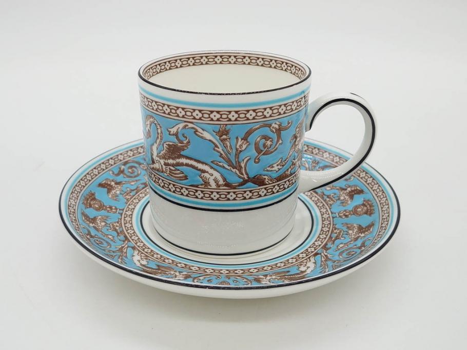イギリス　WEDGWOOD(ウェッジウッド)　FLORENTINE TURQUOISE(フロレンティーン ターコイズ)　優雅な時間を演出するコーヒーカップ&ソーサー3客セット(グロテスク文様、フルーツ、果物、洋食器、英国)(R-081217)