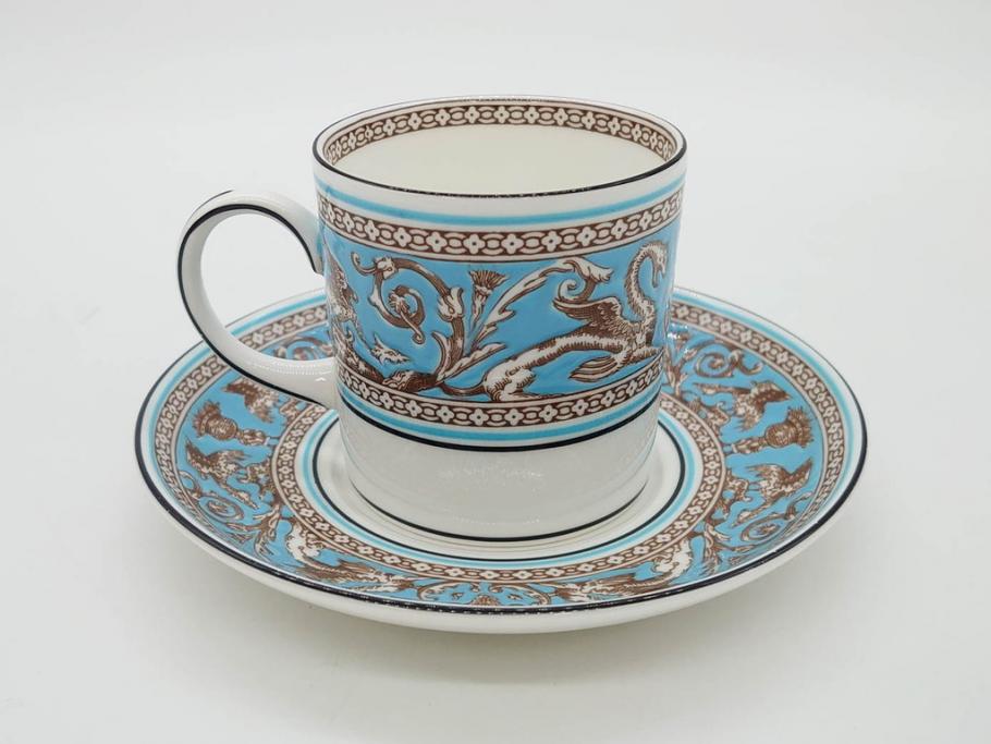 イギリス　WEDGWOOD(ウェッジウッド)　FLORENTINE TURQUOISE(フロレンティーン ターコイズ)　優雅な時間を演出するコーヒーカップ&ソーサー3客セット(グロテスク文様、フルーツ、果物、洋食器、英国)(R-081217)