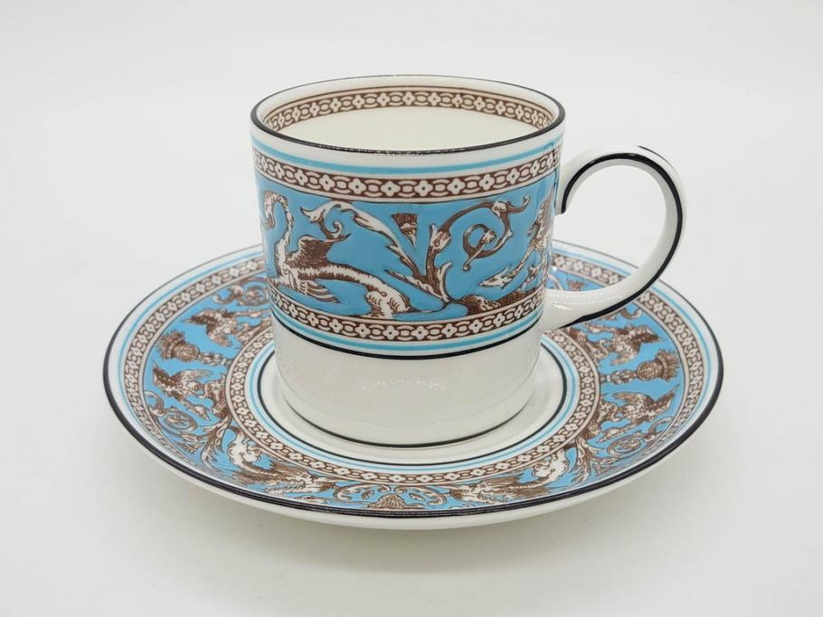 イギリス　WEDGWOOD(ウェッジウッド)　FLORENTINE TURQUOISE(フロレンティーン ターコイズ)　優雅な時間を演出するコーヒーカップ&ソーサー3客セット(グロテスク文様、フルーツ、果物、洋食器、英国)(R-081217)