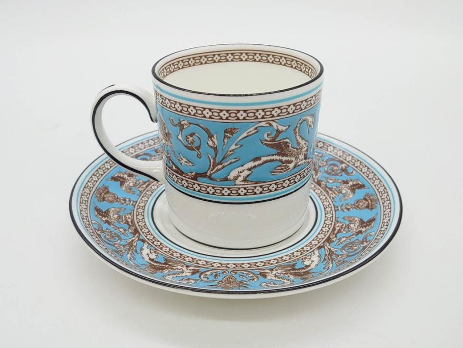 イギリス　WEDGWOOD(ウェッジウッド)　FLORENTINE TURQUOISE(フロレンティーン ターコイズ)　優雅な時間を演出するコーヒーカップ&ソーサー3客セット(グロテスク文様、フルーツ、果物、洋食器、英国)(R-081217)