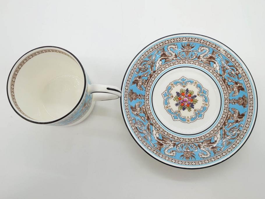 イギリス　WEDGWOOD(ウェッジウッド)　FLORENTINE TURQUOISE(フロレンティーン ターコイズ)　優雅な時間を演出するコーヒーカップ&ソーサー3客セット(グロテスク文様、フルーツ、果物、洋食器、英国)(R-081217)