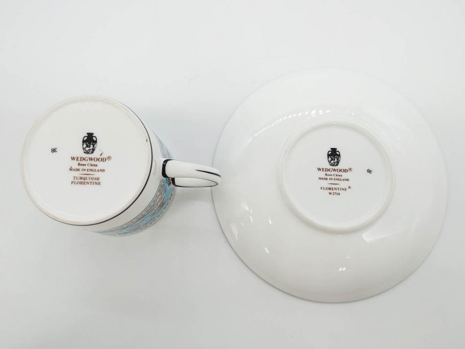 イギリス　WEDGWOOD(ウェッジウッド)　FLORENTINE TURQUOISE(フロレンティーン ターコイズ)　優雅な時間を演出するコーヒーカップ&ソーサー3客セット(グロテスク文様、フルーツ、果物、洋食器、英国)(R-081217)