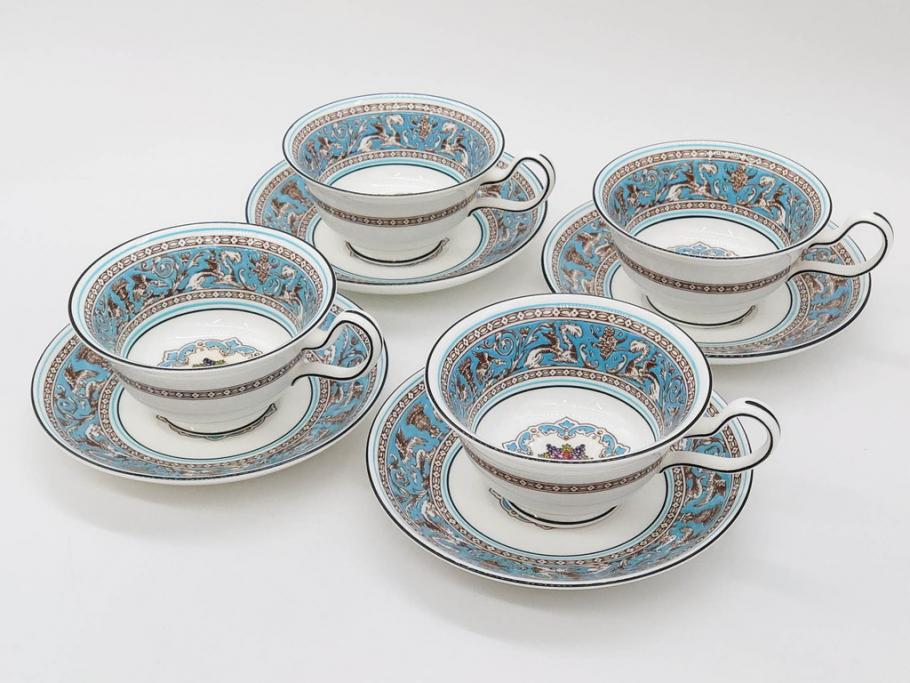 イギリス　WEDGWOOD(ウェッジウッド)　FLORENTINE TURQUOISE(フロレンティーン ターコイズ)　上品な佇まいのティーカップ&ソーサー4客セット(グロテスク文様、フルーツ、果物、ピオニー、C&S、洋食器、英国)(R-081218)