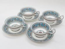 イギリス　WEDGWOOD(ウェッジウッド)　FLORENTINE TURQUOISE(フロレンティーン ターコイズ)　上品な佇まいのティーカップ&ソーサー4客セット(グロテスク文様、フルーツ、果物、ピオニー、C&S、洋食器、英国)(R-081218)