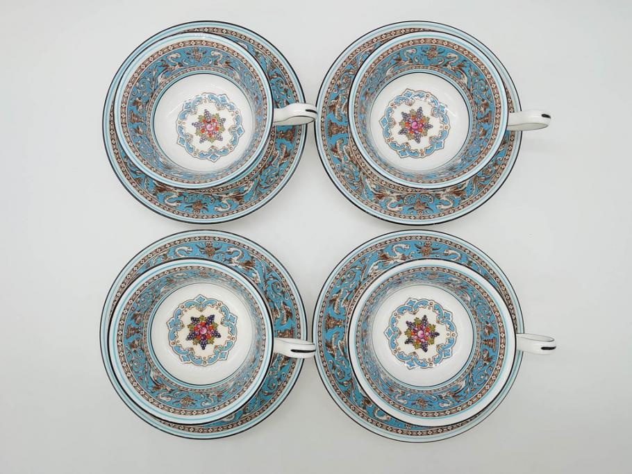 イギリス　WEDGWOOD(ウェッジウッド)　FLORENTINE TURQUOISE(フロレンティーン ターコイズ)　上品な佇まいのティーカップ&ソーサー4客セット(グロテスク文様、フルーツ、果物、ピオニー、C&S、洋食器、英国)(R-081218)