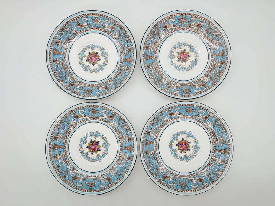 イギリス　WEDGWOOD(ウェッジウッド)　FLORENTINE TURQUOISE(フロレンティーン ターコイズ)　上品な佇まいのティーカップ&ソーサー4客セット(グロテスク文様、フルーツ、果物、ピオニー、C&S、洋食器、英国)(R-081218)