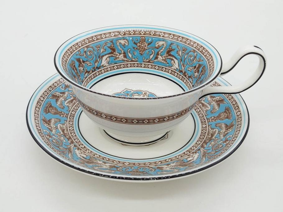 イギリス　WEDGWOOD(ウェッジウッド)　FLORENTINE TURQUOISE(フロレンティーン ターコイズ)　上品な佇まいのティーカップ&ソーサー4客セット(グロテスク文様、フルーツ、果物、ピオニー、C&S、洋食器、英国)(R-081218)
