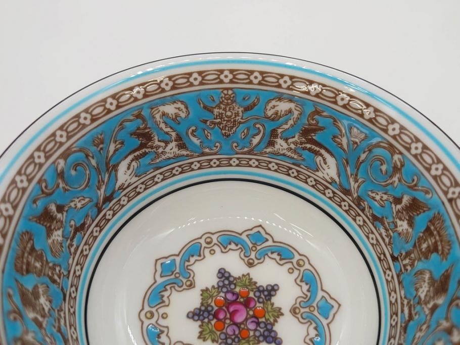 イギリス　WEDGWOOD(ウェッジウッド)　FLORENTINE TURQUOISE(フロレンティーン ターコイズ)　上品な佇まいのティーカップ&ソーサー4客セット(グロテスク文様、フルーツ、果物、ピオニー、C&S、洋食器、英国)(R-081218)