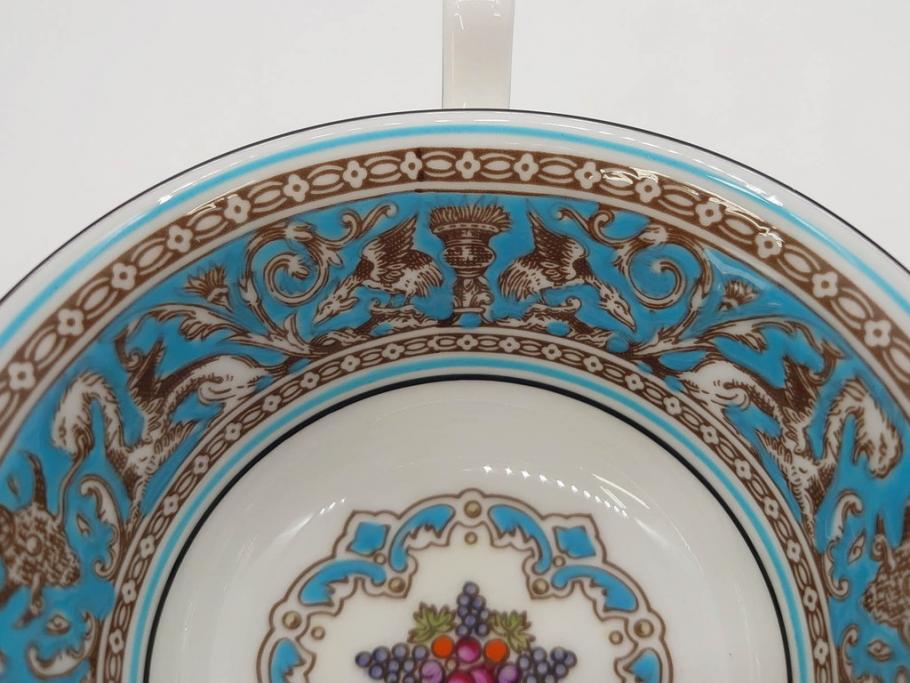 イギリス　WEDGWOOD(ウェッジウッド)　FLORENTINE TURQUOISE(フロレンティーン ターコイズ)　上品な佇まいのティーカップ&ソーサー4客セット(グロテスク文様、フルーツ、果物、ピオニー、C&S、洋食器、英国)(R-081218)