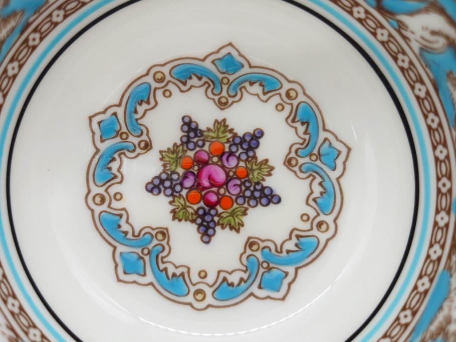イギリス　WEDGWOOD(ウェッジウッド)　FLORENTINE TURQUOISE(フロレンティーン ターコイズ)　上品な佇まいのティーカップ&ソーサー4客セット(グロテスク文様、フルーツ、果物、ピオニー、C&S、洋食器、英国)(R-081218)