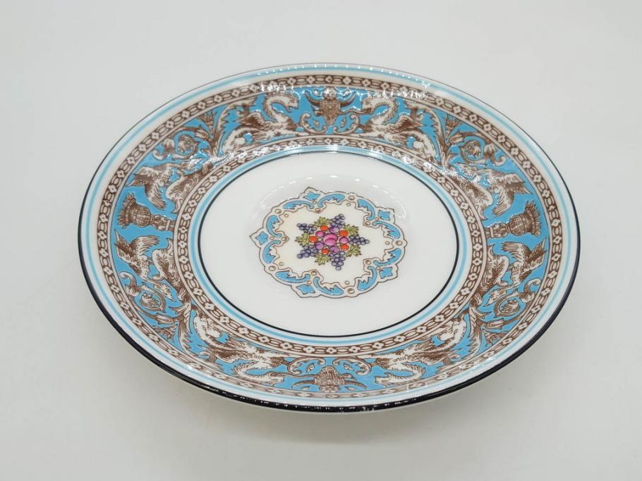 イギリス　WEDGWOOD(ウェッジウッド)　FLORENTINE TURQUOISE(フロレンティーン ターコイズ)　上品な佇まいのティーカップ&ソーサー4客セット(グロテスク文様、フルーツ、果物、ピオニー、C&S、洋食器、英国)(R-081218)
