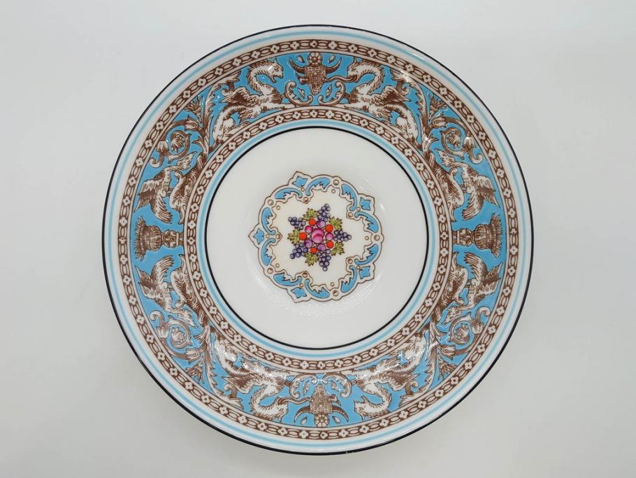 イギリス　WEDGWOOD(ウェッジウッド)　FLORENTINE TURQUOISE(フロレンティーン ターコイズ)　上品な佇まいのティーカップ&ソーサー4客セット(グロテスク文様、フルーツ、果物、ピオニー、C&S、洋食器、英国)(R-081218)