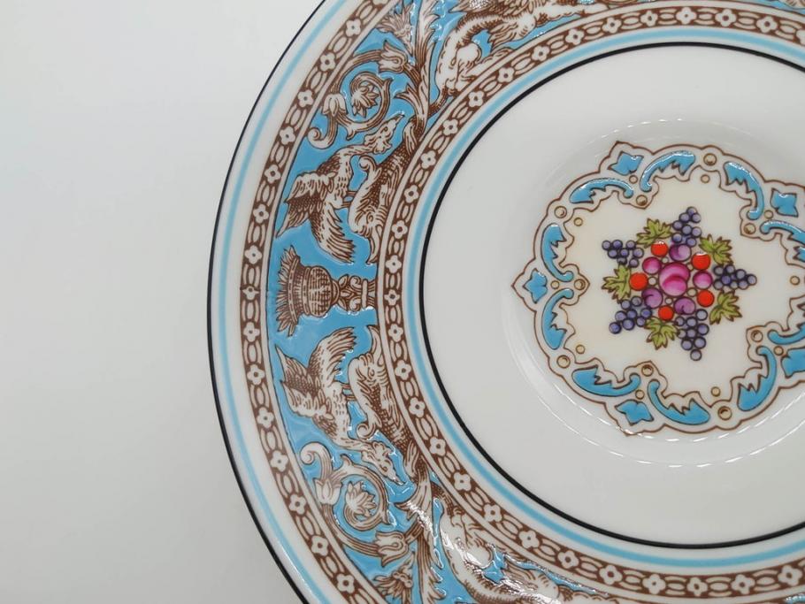 イギリス　WEDGWOOD(ウェッジウッド)　FLORENTINE TURQUOISE(フロレンティーン ターコイズ)　上品な佇まいのティーカップ&ソーサー4客セット(グロテスク文様、フルーツ、果物、ピオニー、C&S、洋食器、英国)(R-081218)