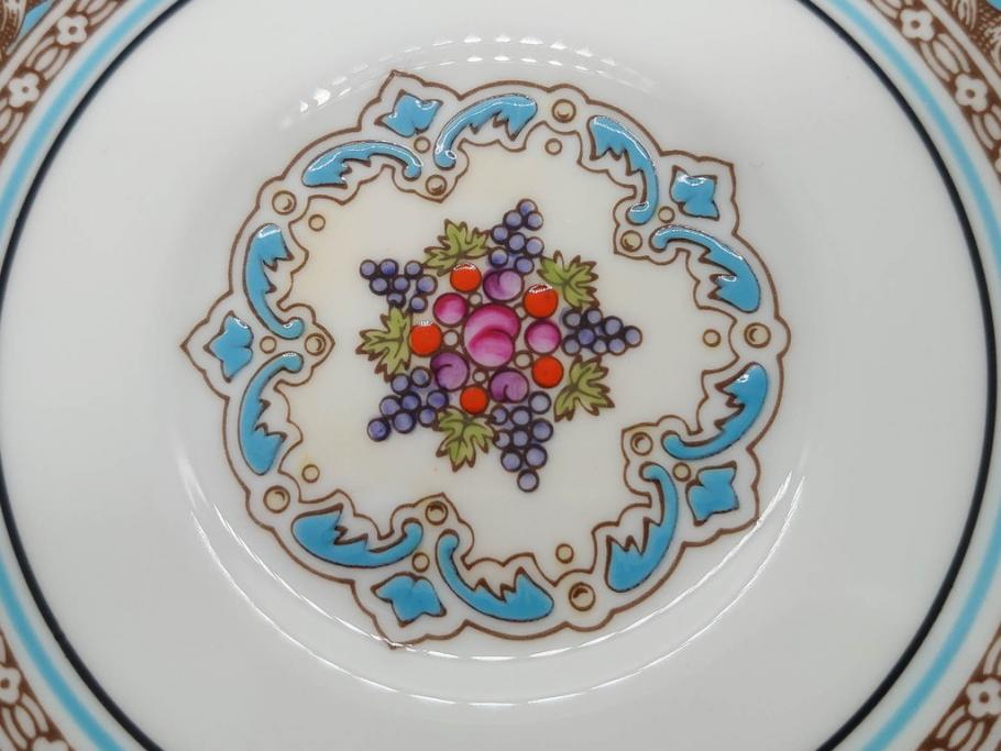 イギリス　WEDGWOOD(ウェッジウッド)　FLORENTINE TURQUOISE(フロレンティーン ターコイズ)　上品な佇まいのティーカップ&ソーサー4客セット(グロテスク文様、フルーツ、果物、ピオニー、C&S、洋食器、英国)(R-081218)