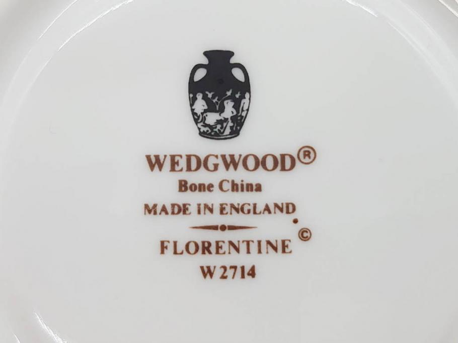 イギリス　WEDGWOOD(ウェッジウッド)　FLORENTINE TURQUOISE(フロレンティーン ターコイズ)　上品な佇まいのティーカップ&ソーサー4客セット(グロテスク文様、フルーツ、果物、ピオニー、C&S、洋食器、英国)(R-081218)