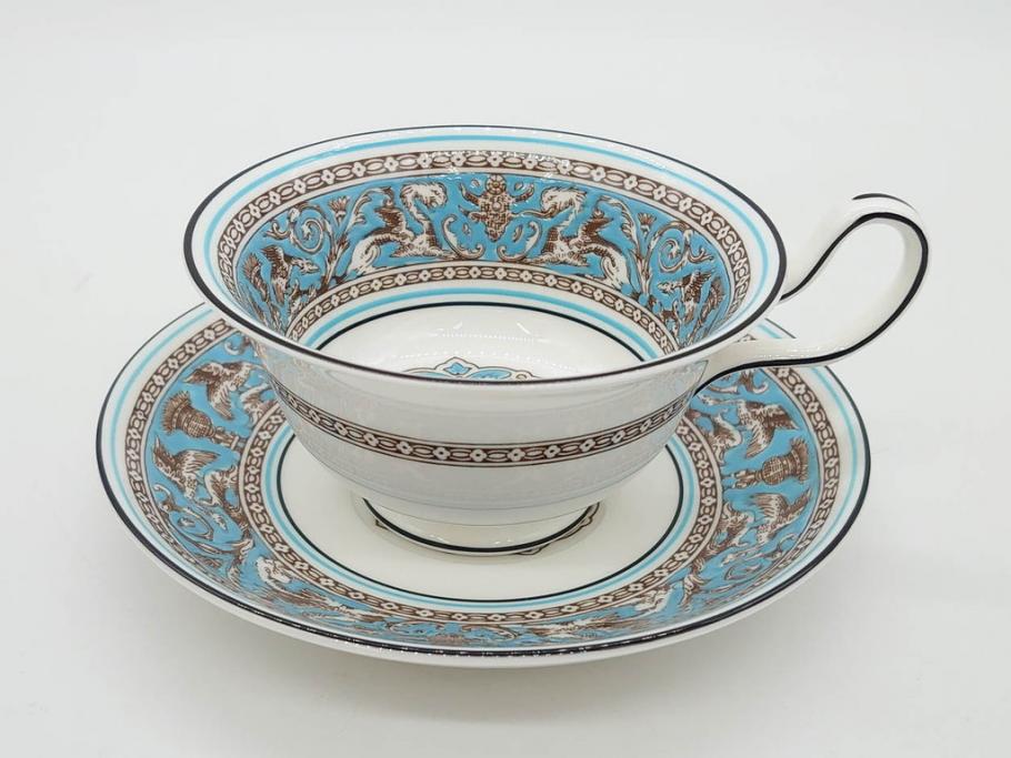 イギリス　WEDGWOOD(ウェッジウッド)　FLORENTINE TURQUOISE(フロレンティーン ターコイズ)　上品な佇まいのティーカップ&ソーサー4客セット(グロテスク文様、フルーツ、果物、ピオニー、C&S、洋食器、英国)(R-081218)