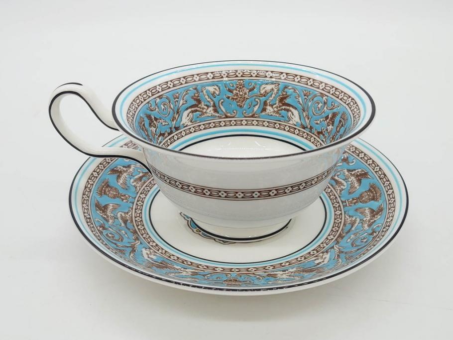 イギリス　WEDGWOOD(ウェッジウッド)　FLORENTINE TURQUOISE(フロレンティーン ターコイズ)　上品な佇まいのティーカップ&ソーサー4客セット(グロテスク文様、フルーツ、果物、ピオニー、C&S、洋食器、英国)(R-081218)