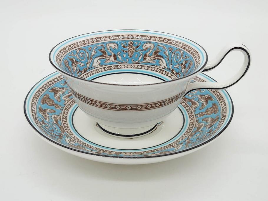 イギリス　WEDGWOOD(ウェッジウッド)　FLORENTINE TURQUOISE(フロレンティーン ターコイズ)　上品な佇まいのティーカップ&ソーサー4客セット(グロテスク文様、フルーツ、果物、ピオニー、C&S、洋食器、英国)(R-081218)
