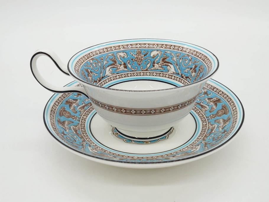 イギリス　WEDGWOOD(ウェッジウッド)　FLORENTINE TURQUOISE(フロレンティーン ターコイズ)　上品な佇まいのティーカップ&ソーサー4客セット(グロテスク文様、フルーツ、果物、ピオニー、C&S、洋食器、英国)(R-081218)
