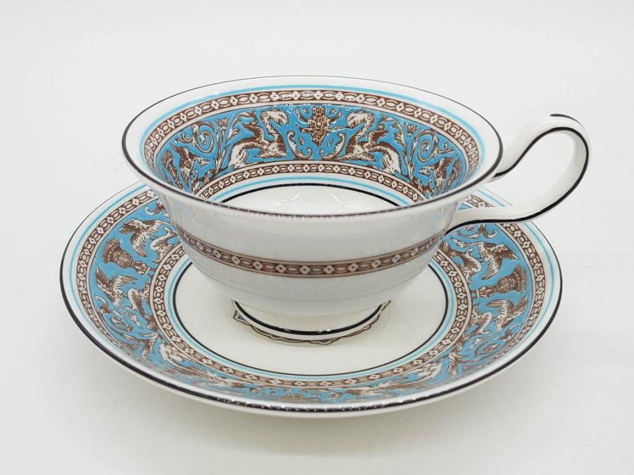 イギリス　WEDGWOOD(ウェッジウッド)　FLORENTINE TURQUOISE(フロレンティーン ターコイズ)　上品な佇まいのティーカップ&ソーサー4客セット(グロテスク文様、フルーツ、果物、ピオニー、C&S、洋食器、英国)(R-081218)
