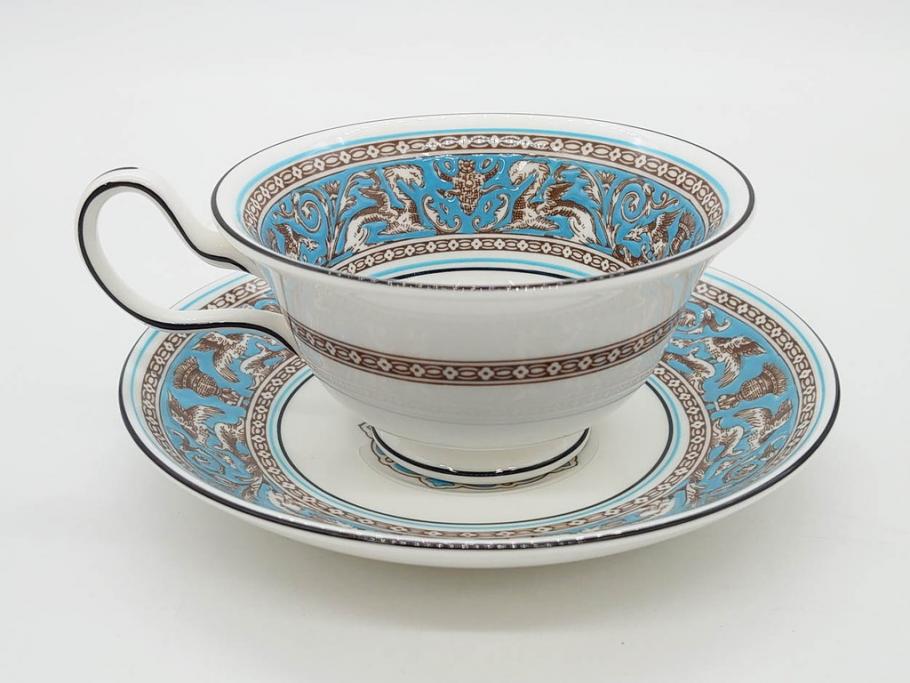 イギリス　WEDGWOOD(ウェッジウッド)　FLORENTINE TURQUOISE(フロレンティーン ターコイズ)　上品な佇まいのティーカップ&ソーサー4客セット(グロテスク文様、フルーツ、果物、ピオニー、C&S、洋食器、英国)(R-081218)