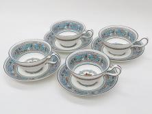 イギリス　WEDGWOOD(ウェッジウッド)　FLORENTINE TURQUOISE(フロレンティーン ターコイズ)　上品な雰囲気のティーカップ&ソーサー4客セット(グロテスク文様、フルーツ、果物、ピオニー、C&S、洋食器、英国)(R-081219)