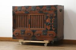 アンティーク家具　丸桟引き戸の六尺水屋箪笥サイドボード(テレビ台、収納棚)(R-036674)