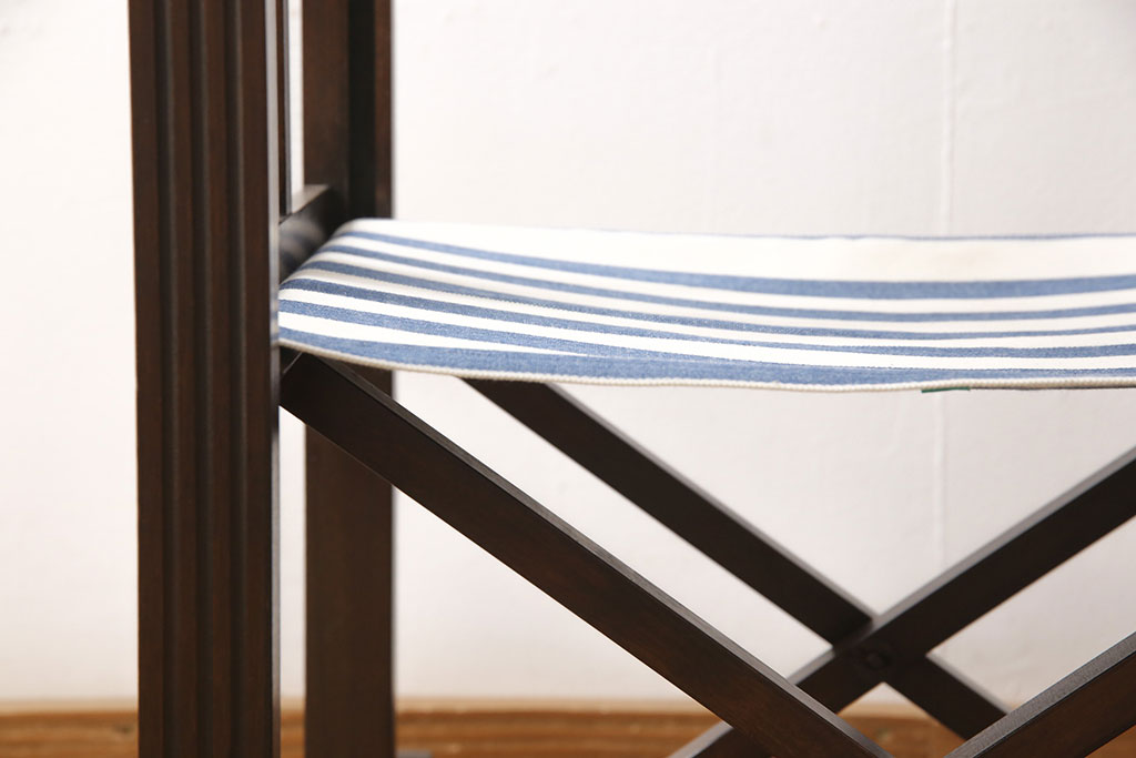【セミオーダー家具実例】日本楽器・山葉(ヤマハ)の折り畳み式ロッキングチェアを高品質リペア!ご支給品の生地に張り替えました。ボーダー模様が映えるカジュアルなチェアに生まれ変わりました。(アームチェア、椅子)